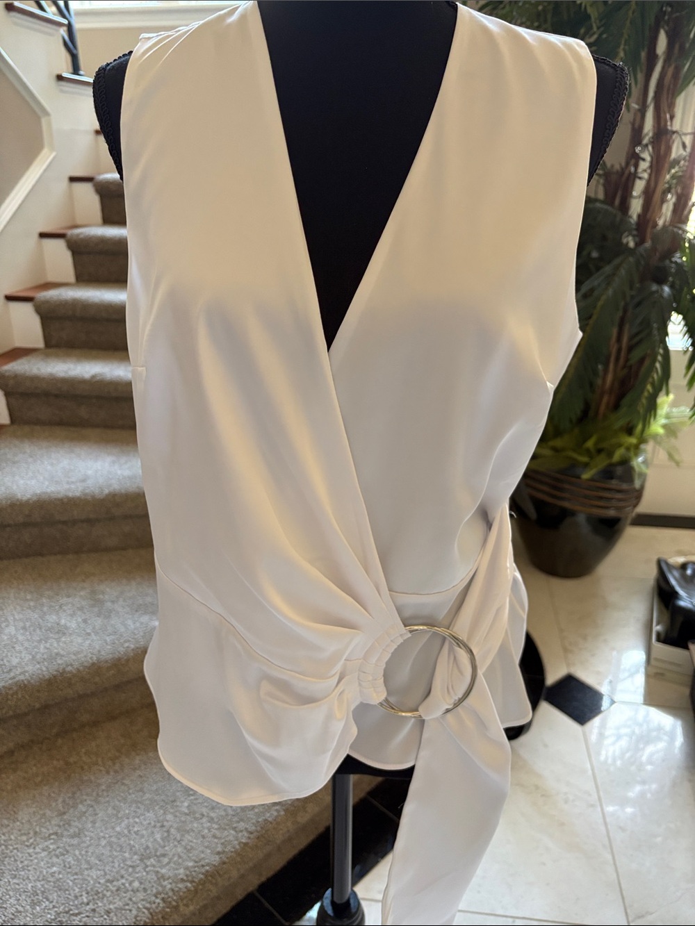 INC International Concepts Ivory Sleeveless Wrap Camisole with Ring Detail